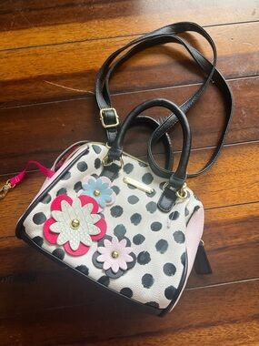 Betsey Johnson Black & White Polka Dot Satchel with Pink Floral Appliqués